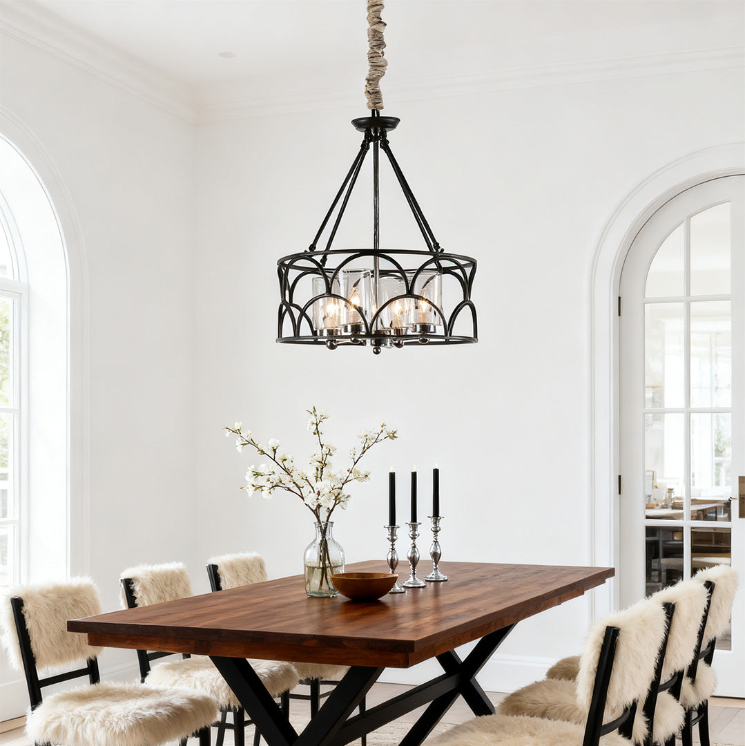 Arched Drum Candle Chandelier, Black Metal and Glass Ceiling Light 2
