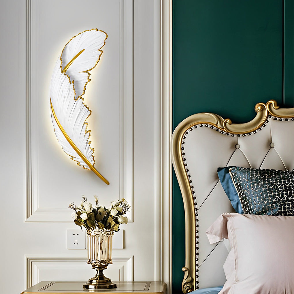 Gilded Feather Wall Light, White Resin LED Wall Art Sconce