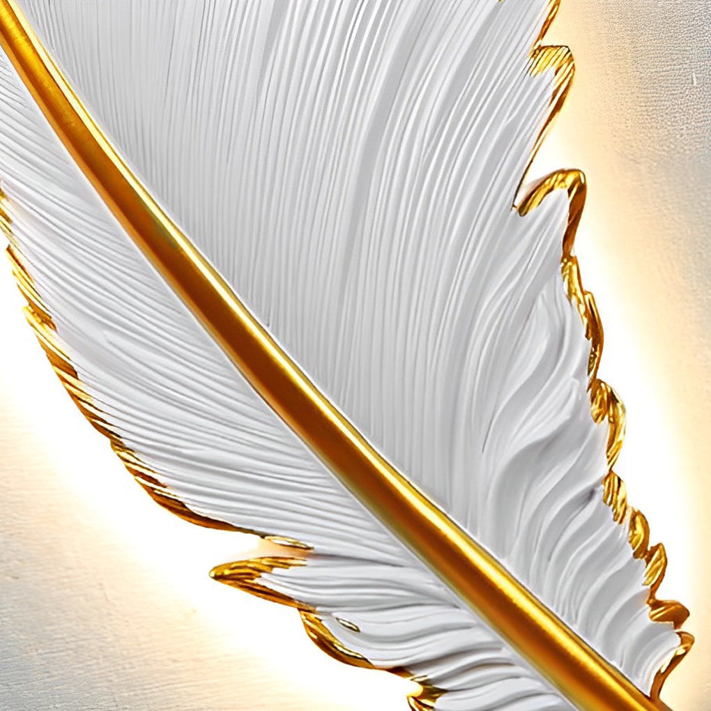 Gilded Feather Wall Light, White Resin LED Wall Art Sconce