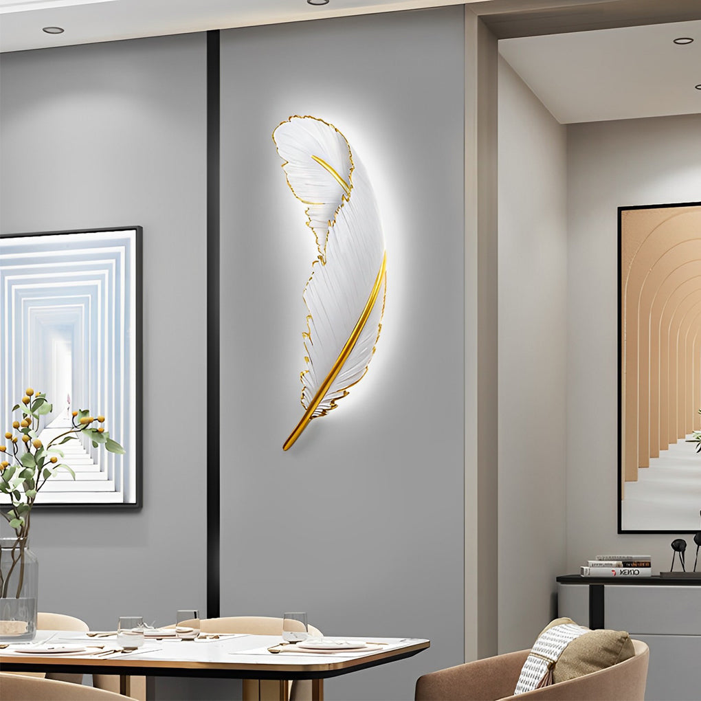 Gilded Feather Wall Light, White Resin LED Wall Art Sconce