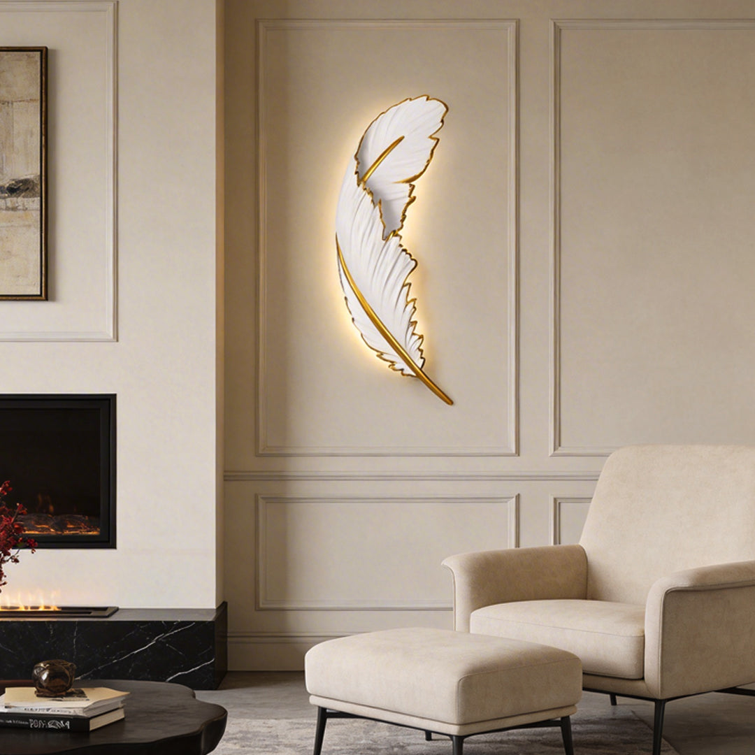 Gilded Feather Wall Light, White Resin LED Wall Art Sconce