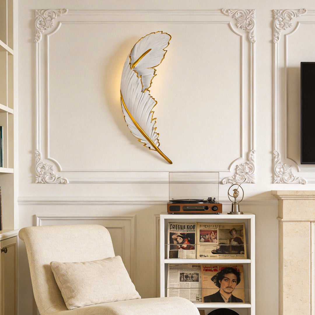 Gilded Feather Wall Light, White Resin LED Wall Art Sconce