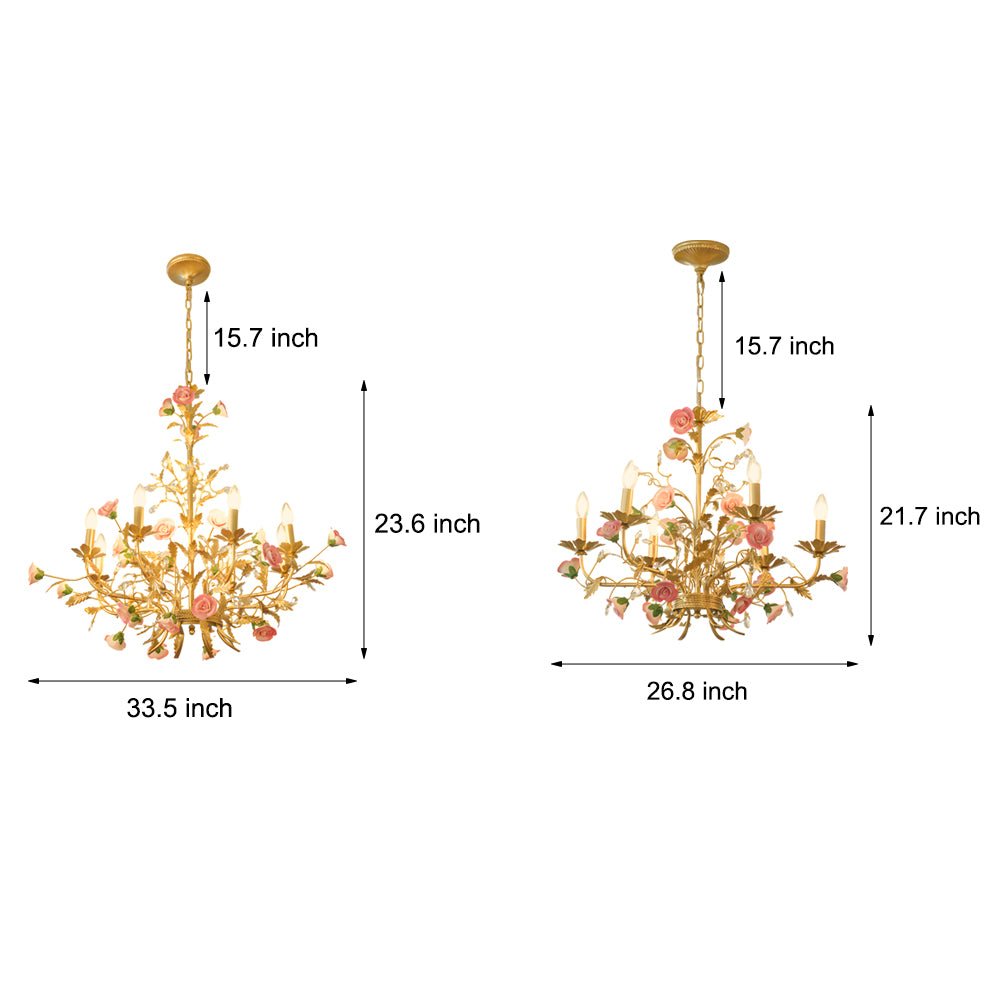 Pink Ceramic Rose Candle Chandelier, Gold Iron French Country Light 5