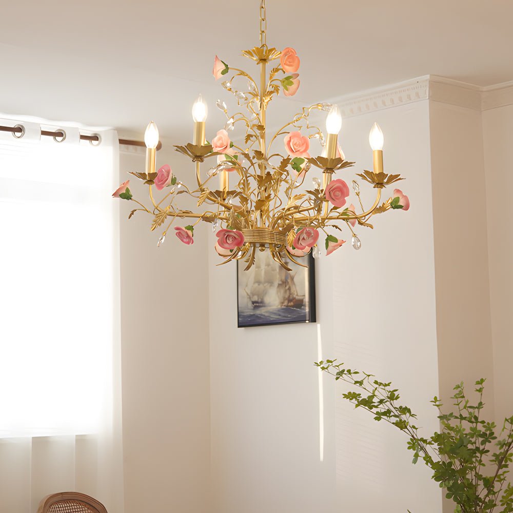 Pink Ceramic Rose Candle Chandelier, Gold Iron French Country Light