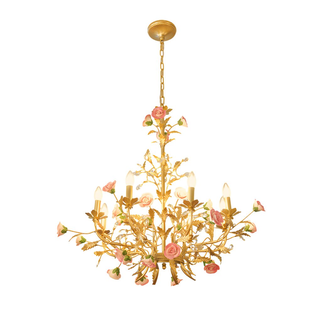 Pink Ceramic Rose Candle Chandelier, Gold Iron French Country Light 7
