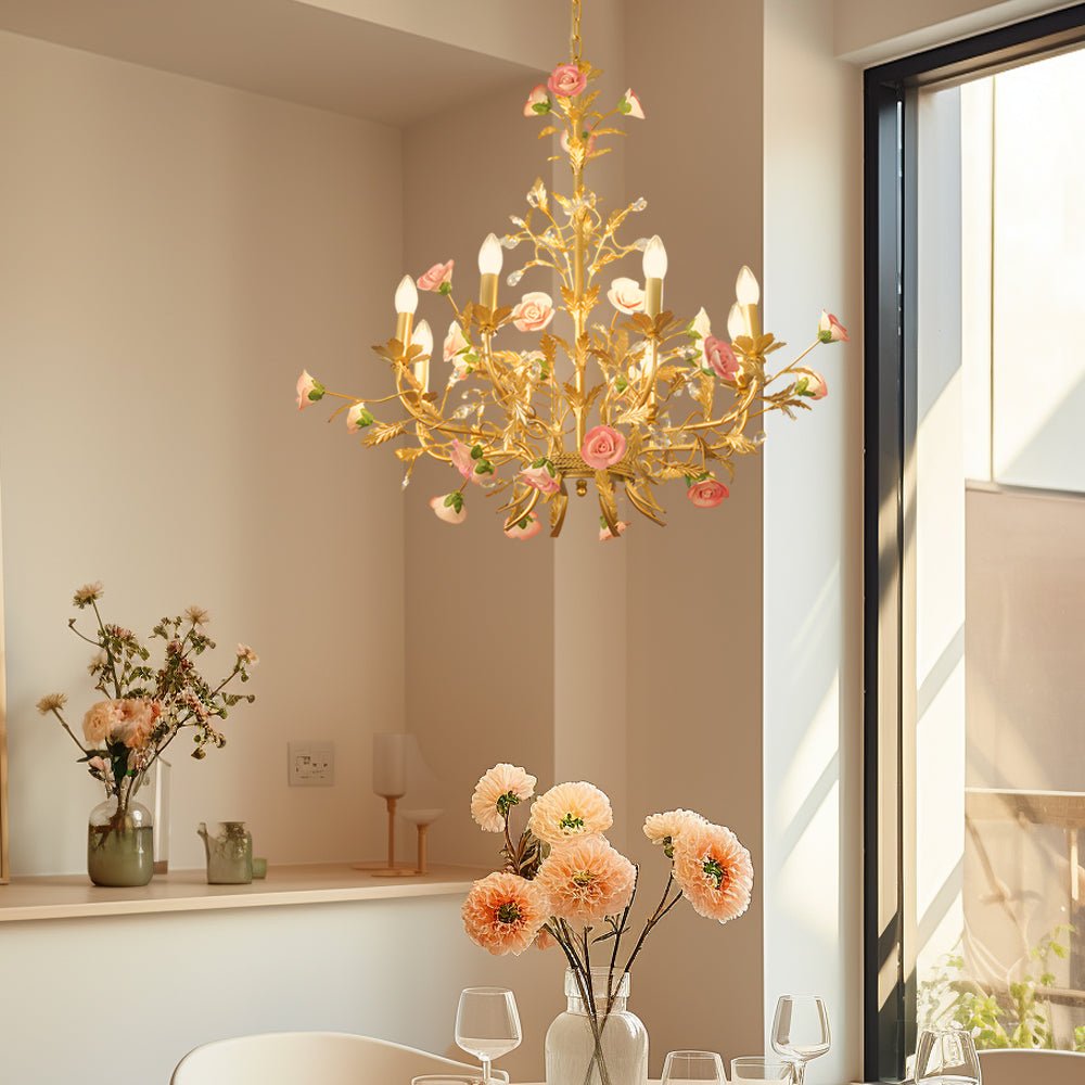 Pink Ceramic Rose Candle Chandelier, Gold Iron French Country Light 2
