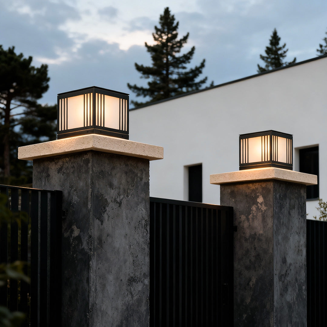 Glass Cube Solar Gate Light, Black Copper Pillar Post Light