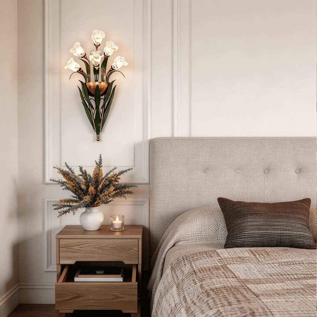 Glass Bouquet Wall Sconce, Iron Leaf Floral Wall Light