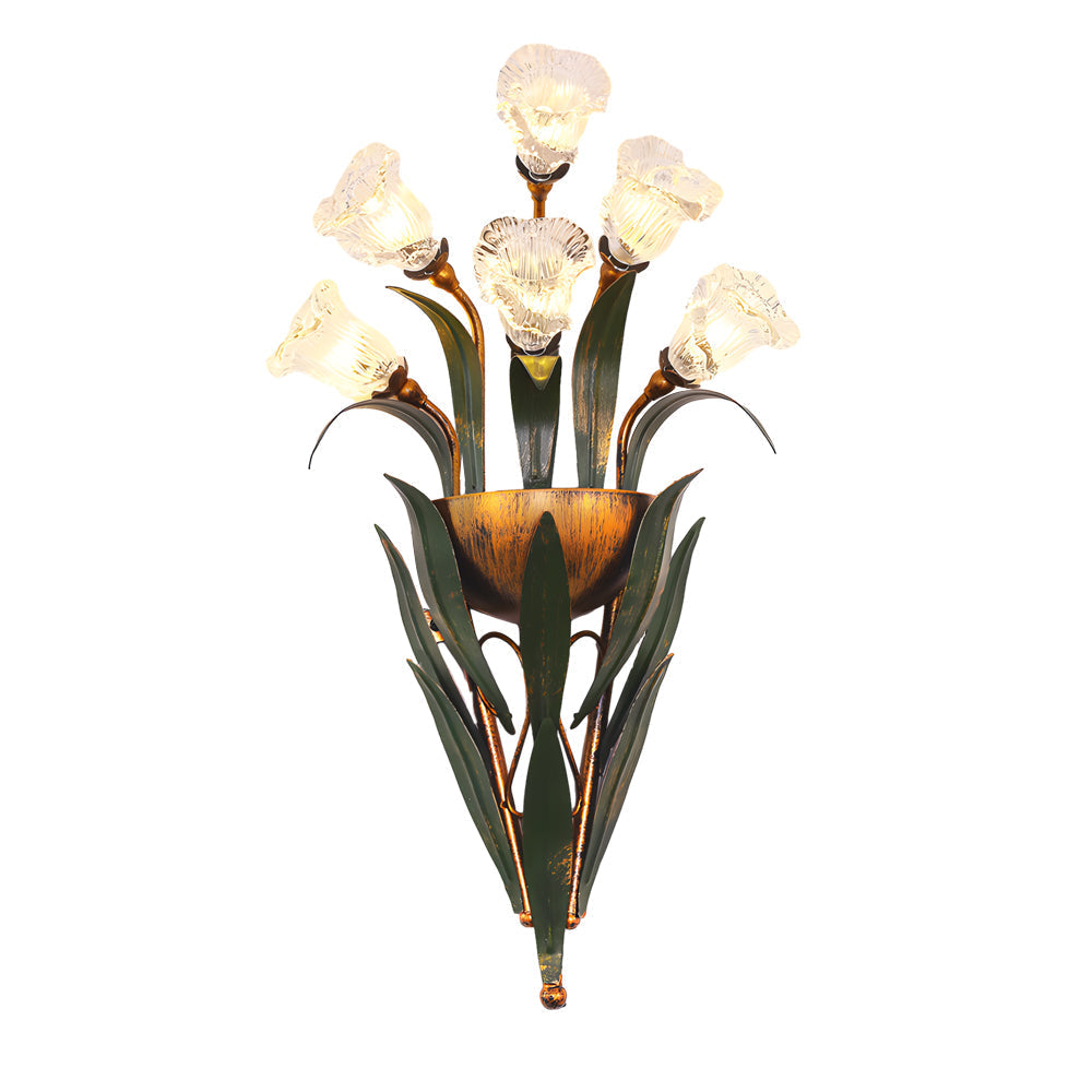 Glass Bouquet Wall Sconce, Iron Leaf Floral Wall Light