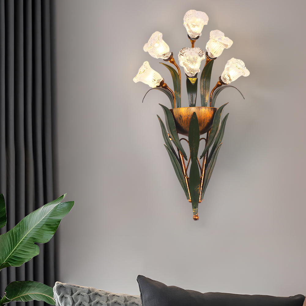 Glass Bouquet Wall Sconce, Iron Leaf Floral Wall Light