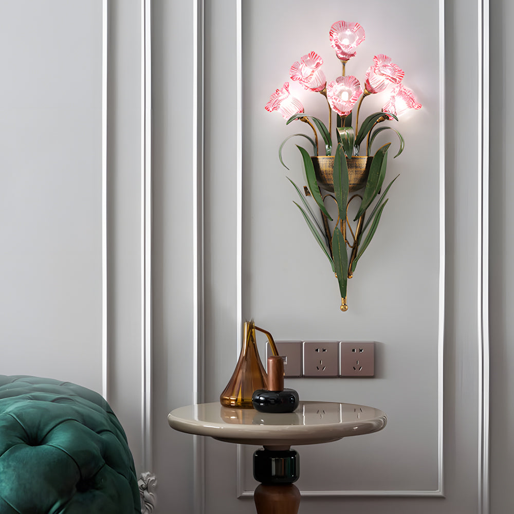Glass Bouquet Wall Sconce, Iron Leaf Floral Wall Light