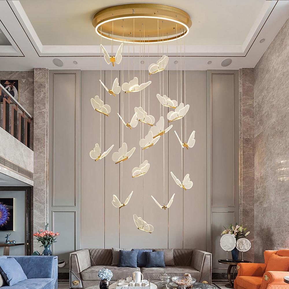 Glowing Butterfly Staircase Chandelier, Gold Iron and Acrylic Light 3