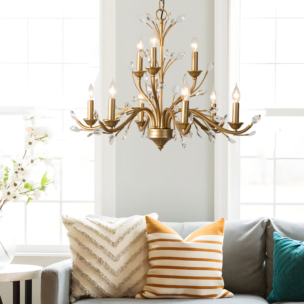 Crystal Leaf Branch Candle Chandelier, Gold Vintage Ceiling Light 6