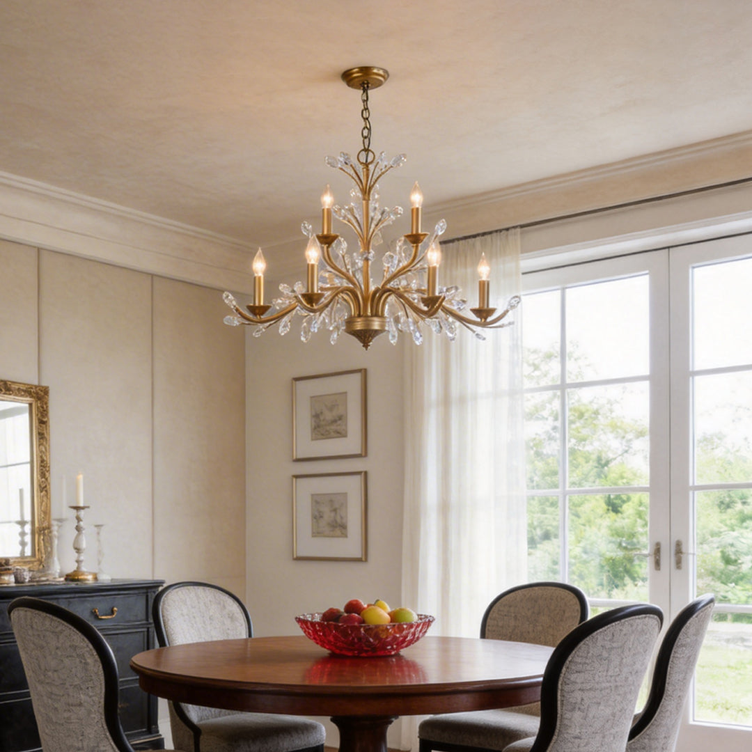 Crystal Leaf Branch Candle Chandelier, Gold Vintage Ceiling Light