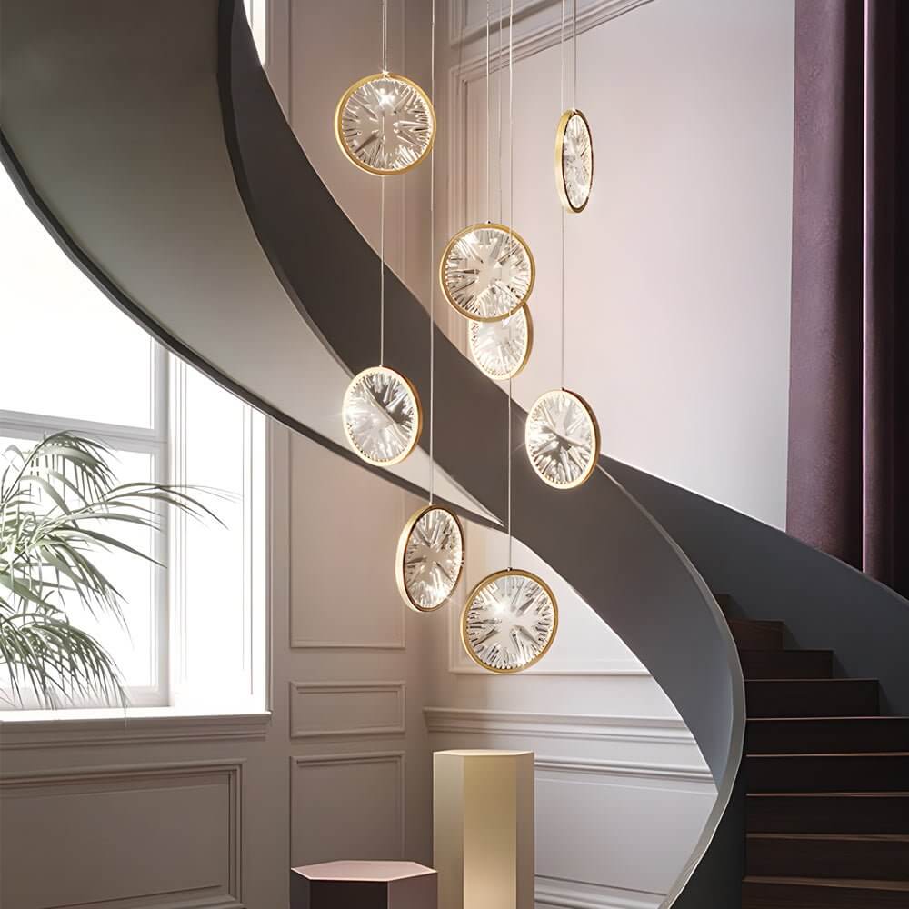 Starburst Crystal Ring Staircase Chandelier, Gold LED Pendant Light