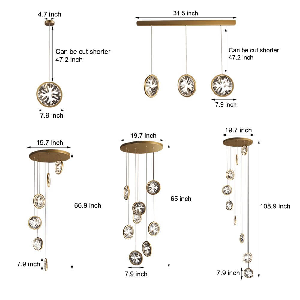 Starburst Crystal Ring Staircase Chandelier, Gold LED Pendant Light 6