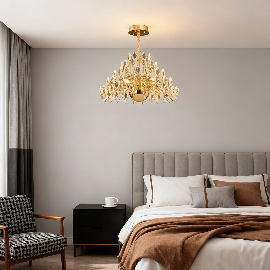 Crystal Plume Chandelier, Gold Iron French Ceiling Light