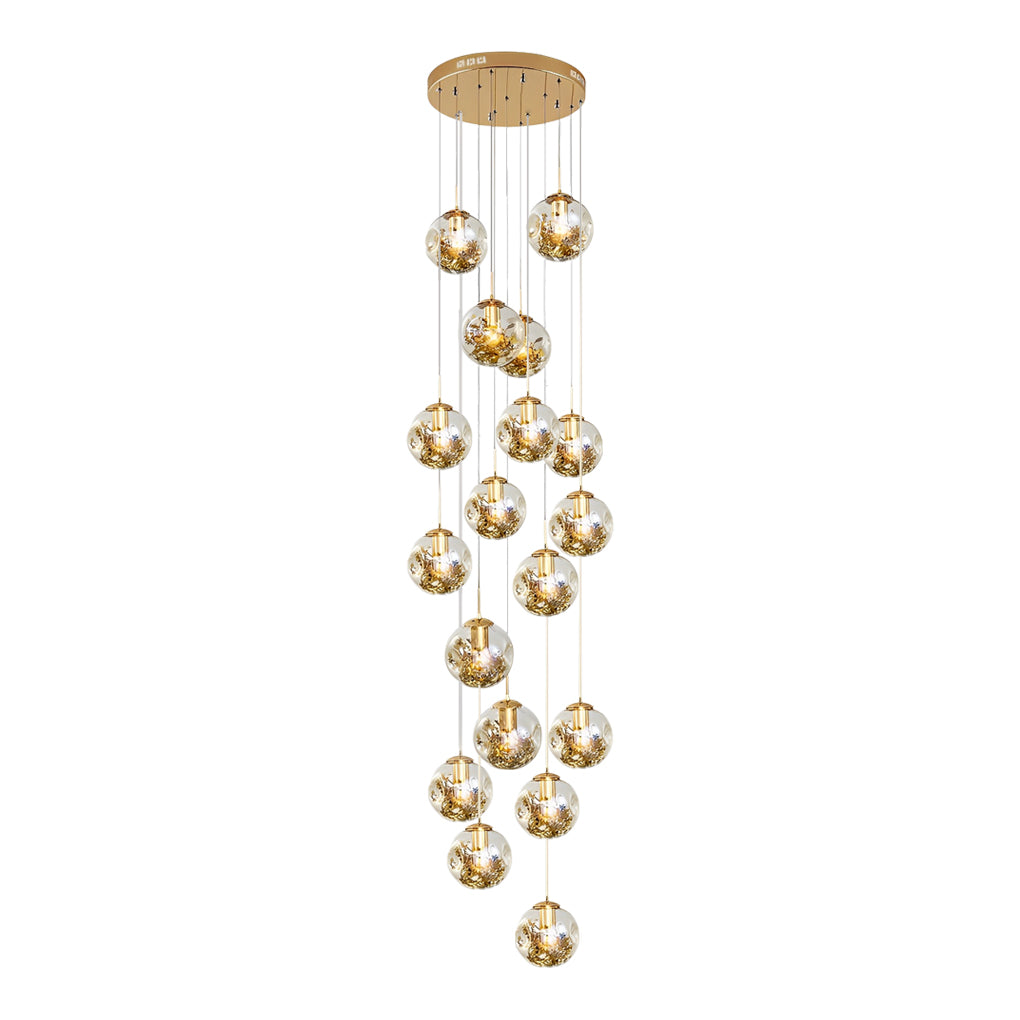 Cognac Glass Globe Staircase Chandelier, Gold Long Drop Light 12