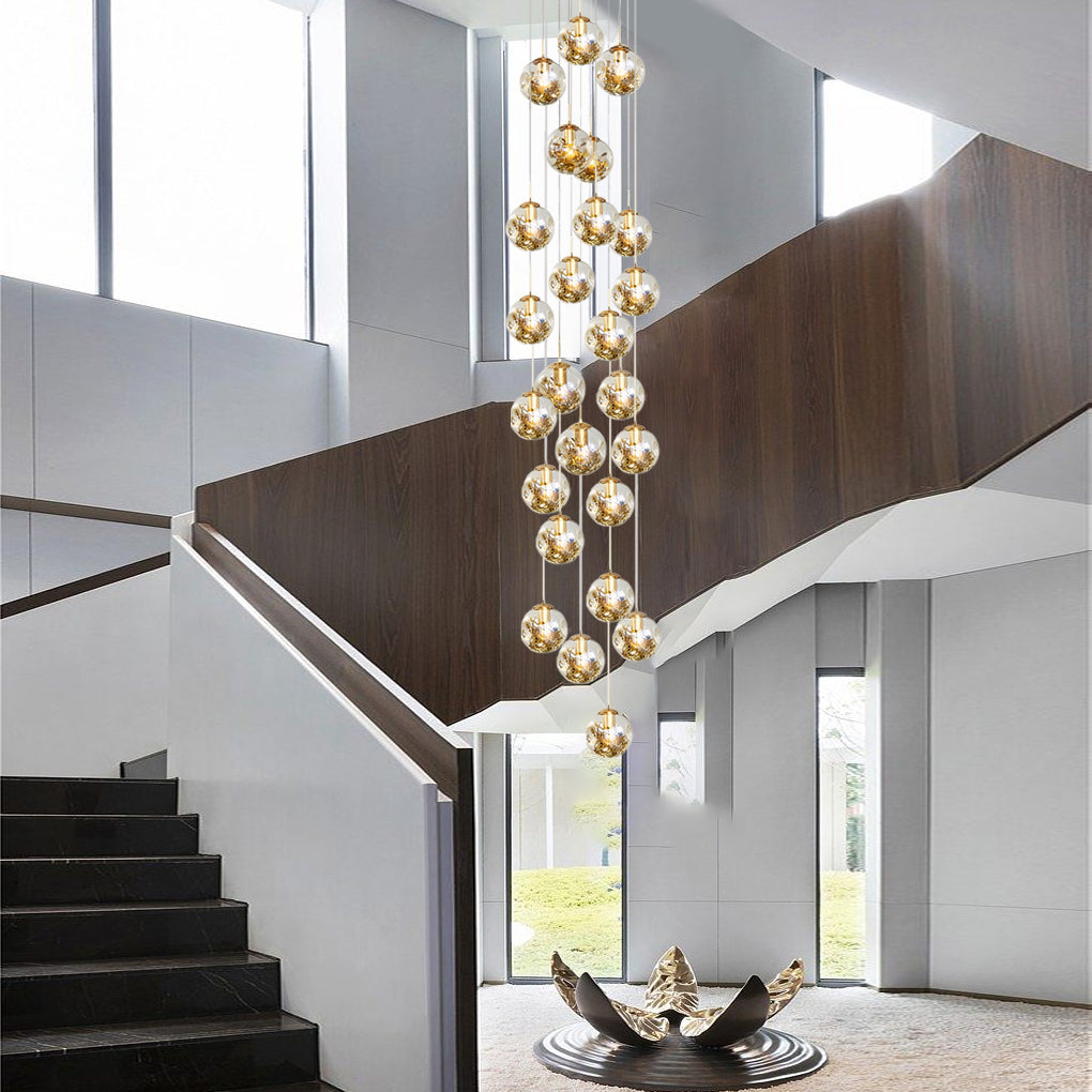 Cognac Glass Globe Staircase Chandelier, Gold Long Drop Light 3