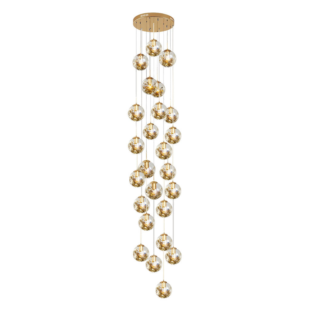 Cognac Glass Globe Staircase Chandelier, Gold Long Drop Light 13