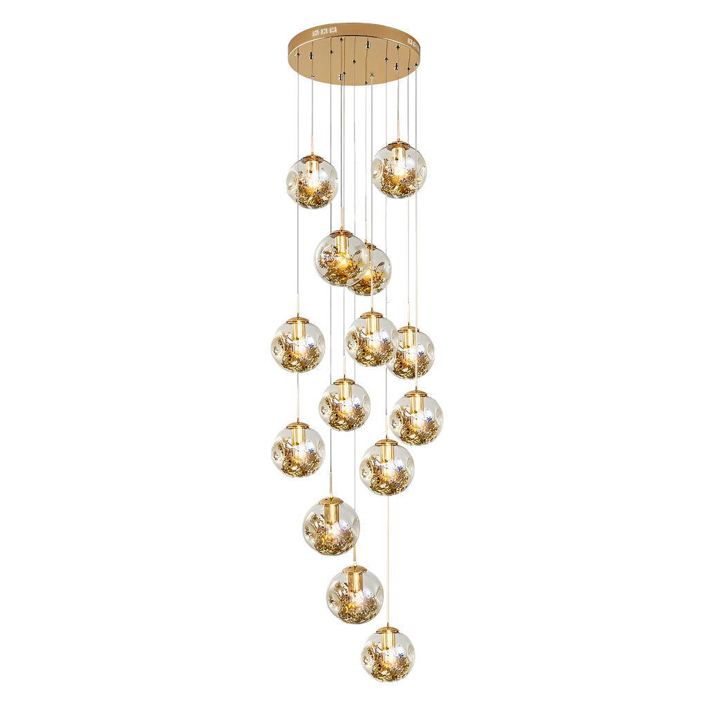 Cognac Glass Globe Staircase Chandelier, Gold Long Drop Light 11