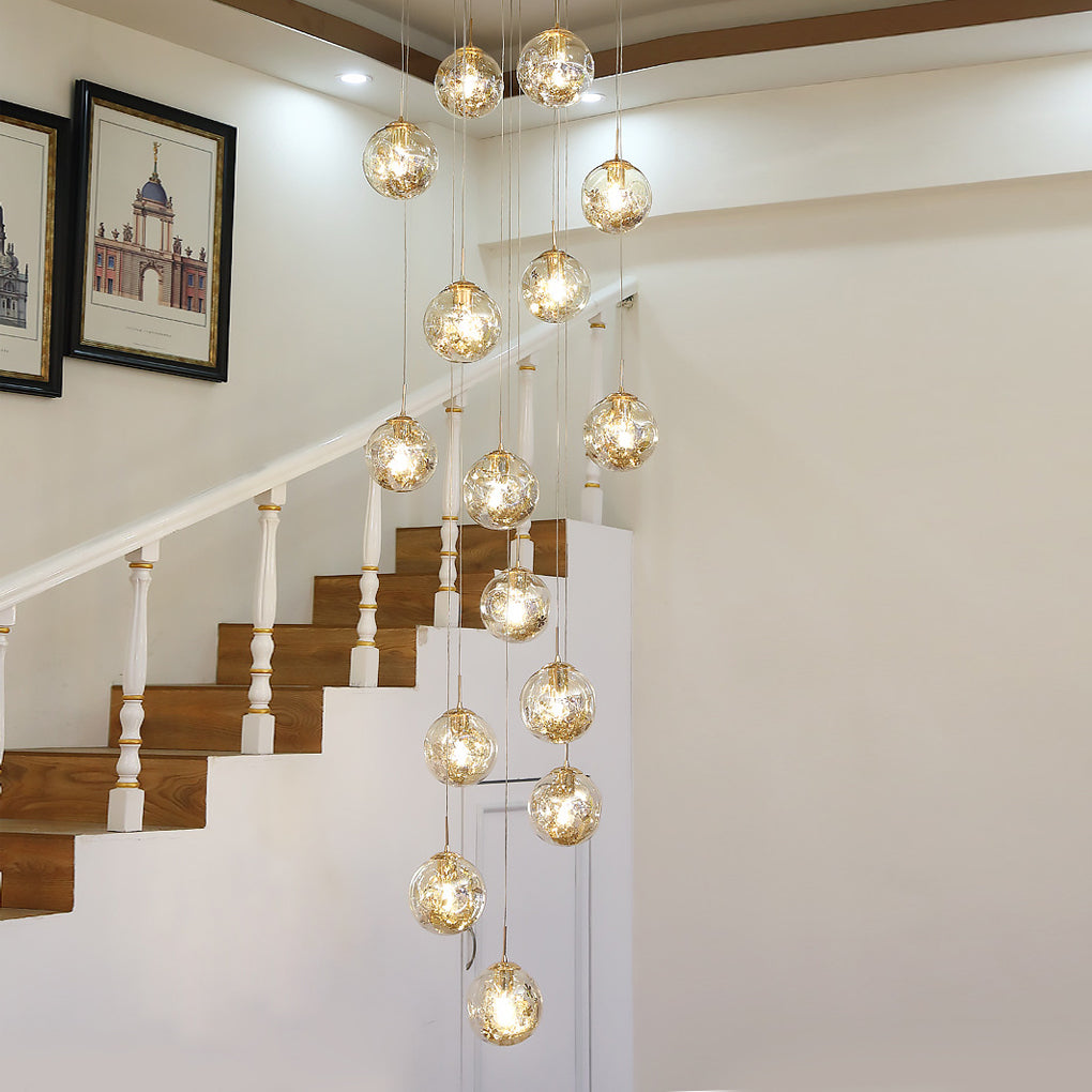 Cognac Glass Globe Staircase Chandelier, Gold Long Drop Light 5