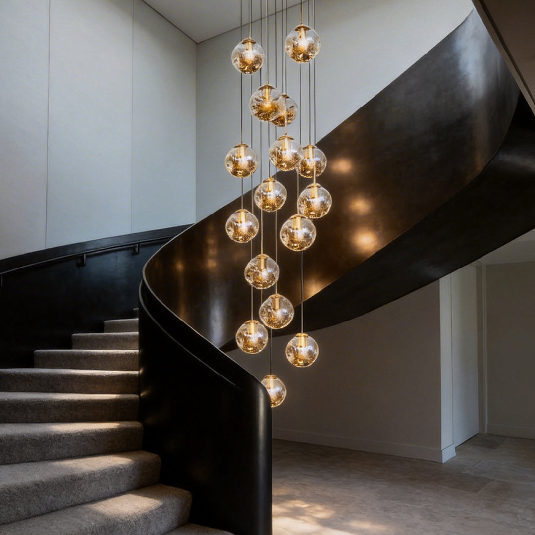 Cognac Glass Globe Staircase Chandelier, Gold Long Drop Light 2