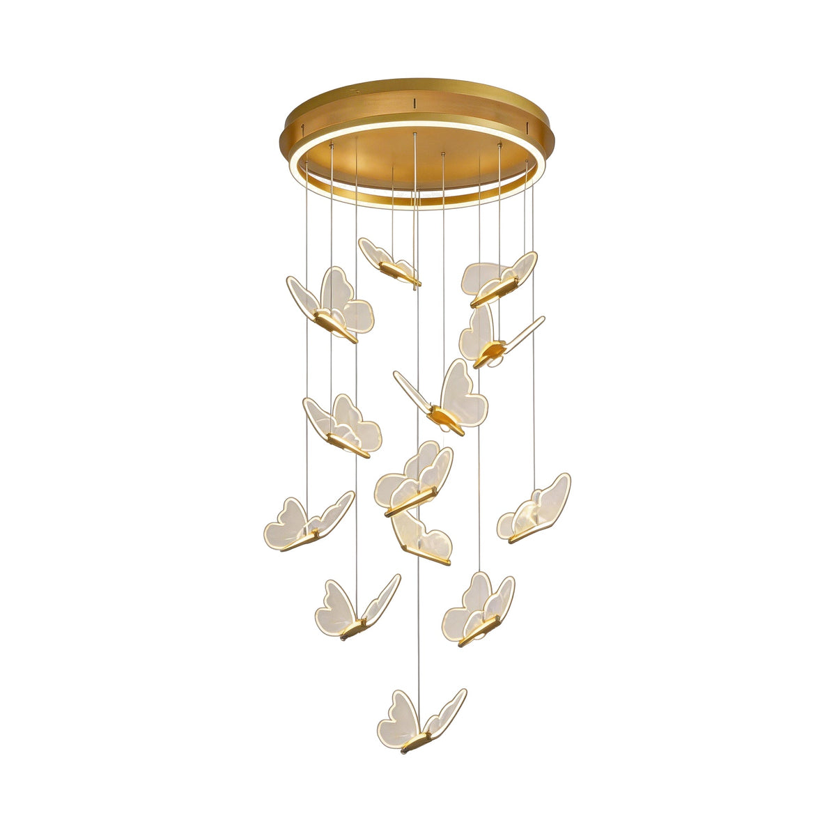 Glowing Butterfly Staircase Chandelier, Gold Iron and Acrylic Light 19