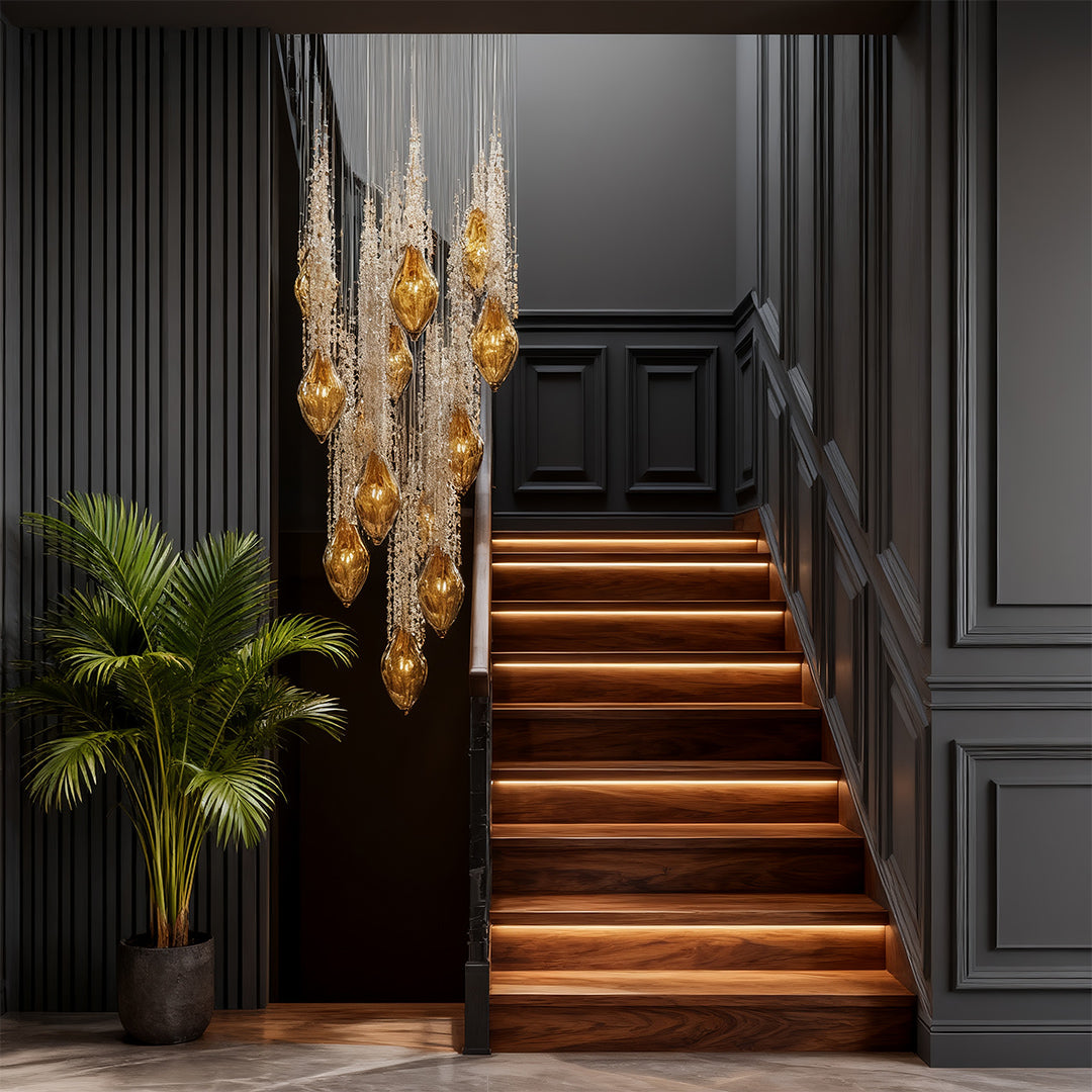 Cognac Crystal Cascade Staircase Chandelier, Stainless Steel Light 2