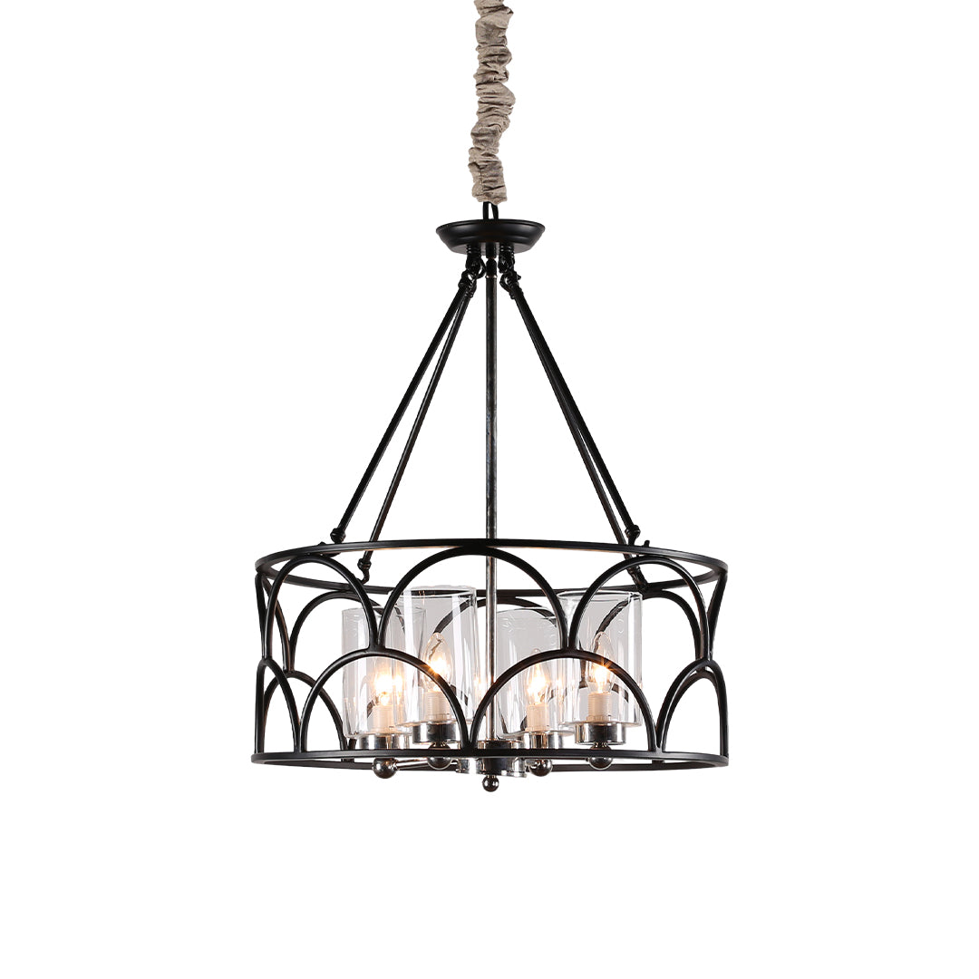 Arched Drum Candle Chandelier, Black Metal and Glass Ceiling Light 7