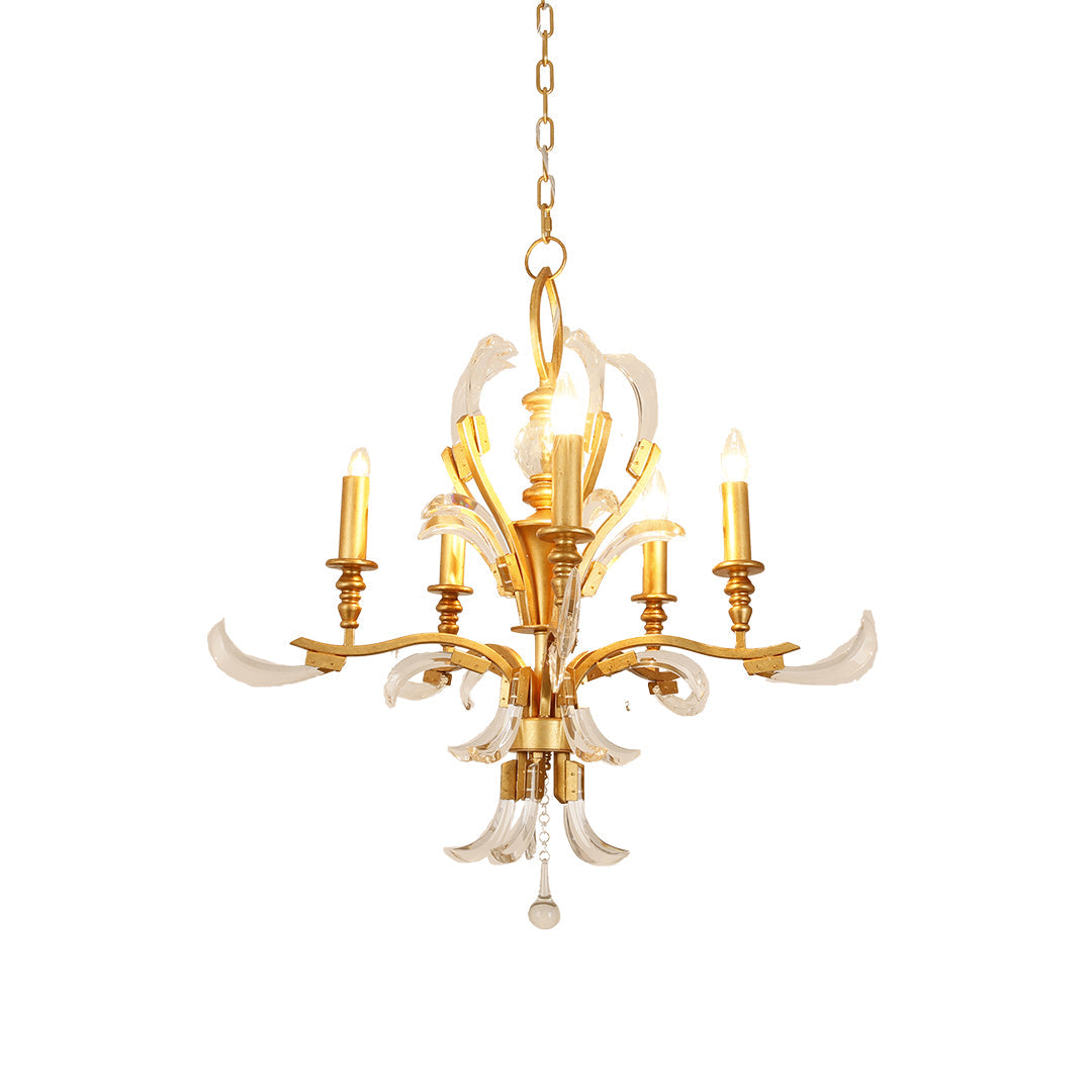 Crystal Crescent Candle Chandelier, Gold Metal French Ceiling Light 6