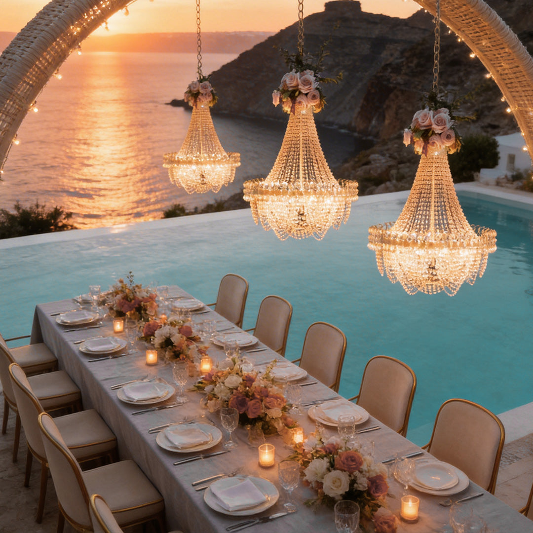 Acrylic Crystal Outdoor Chandelier, Gold Iron Hanging Light