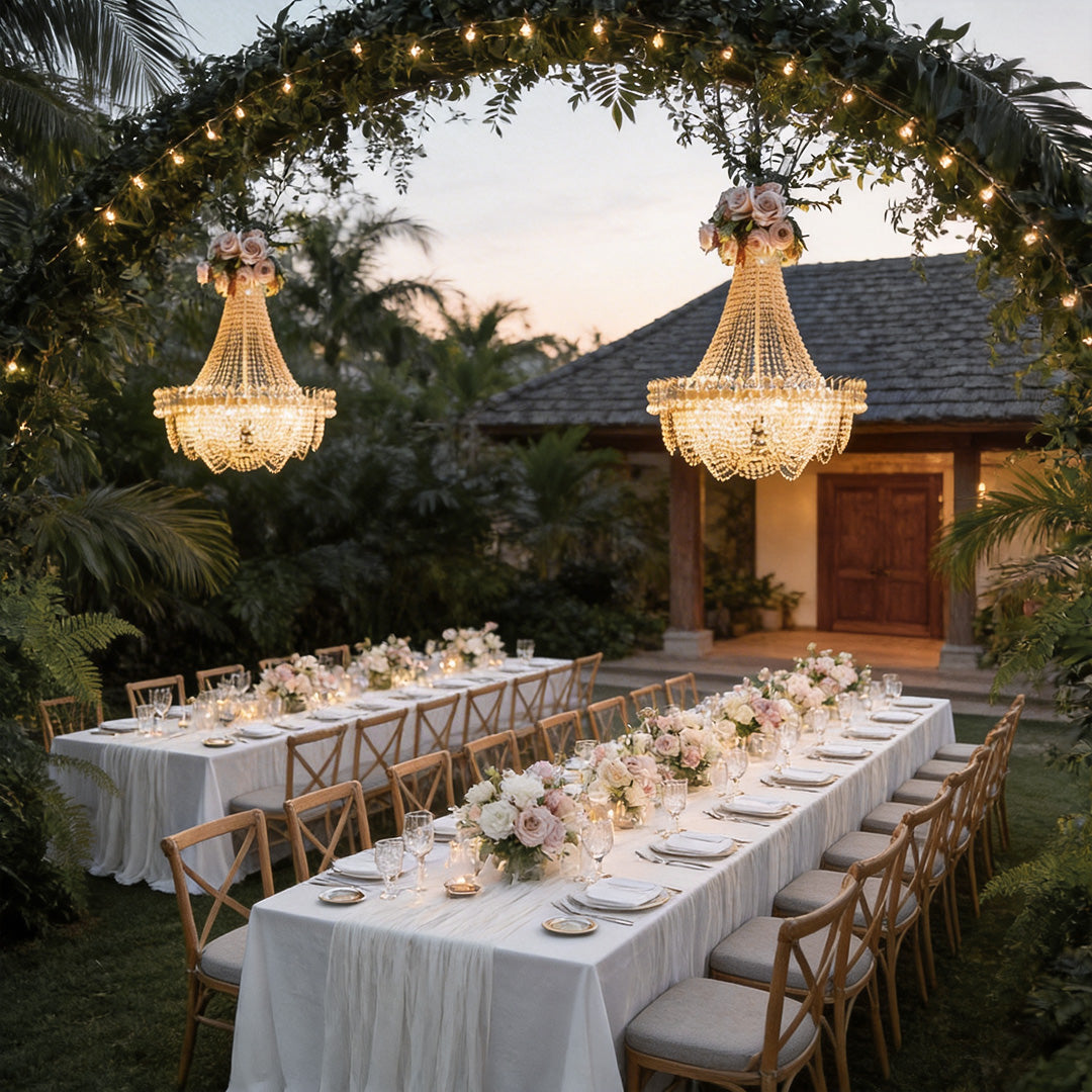 Acrylic Crystal Outdoor Chandelier, Gold Iron Hanging Light