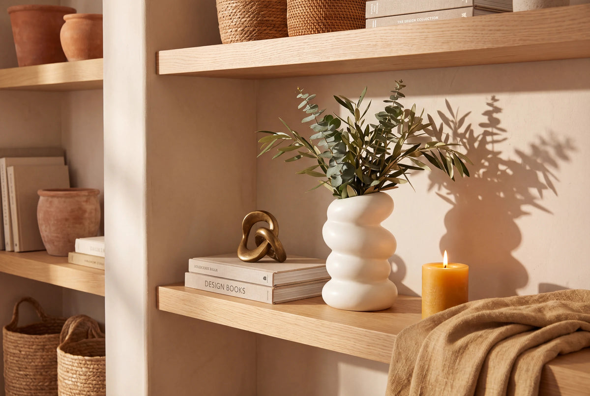 A white ceramic vase with olive branches, a brass knot and a lit candle on a warm oak shelf