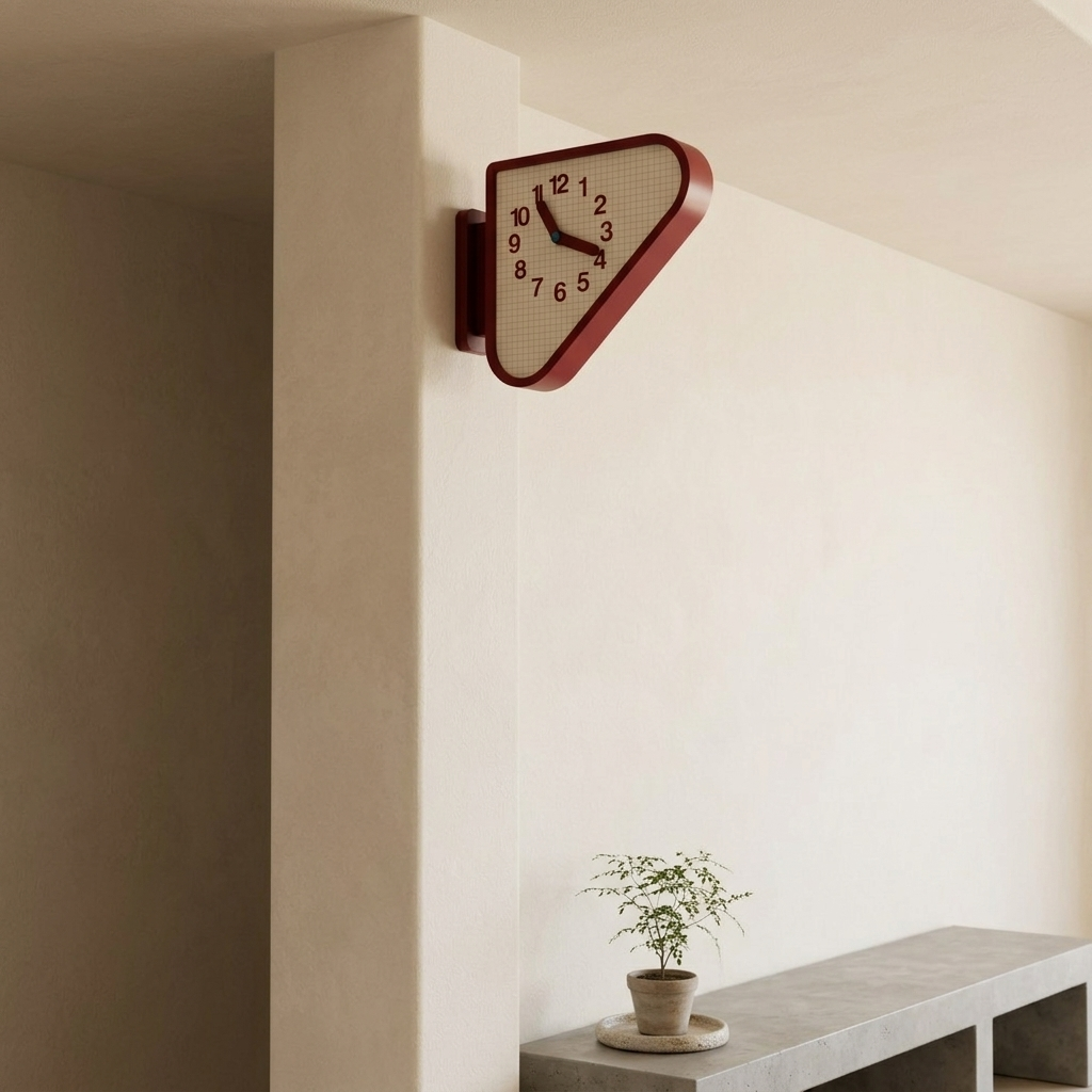 Double Sided Corner Wall Clock, Red Frame with Grid Dial