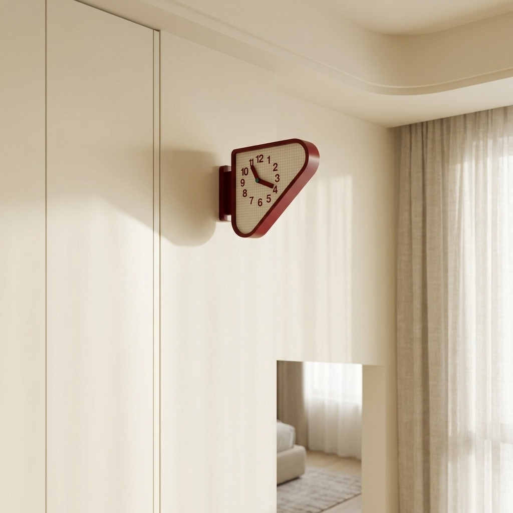 Double Sided Corner Wall Clock, Red Frame with Grid Dial