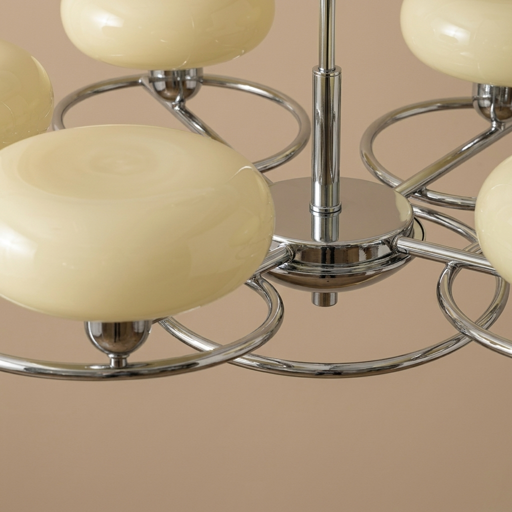French Retro Glass Shade Chandelier, 6 Light Round