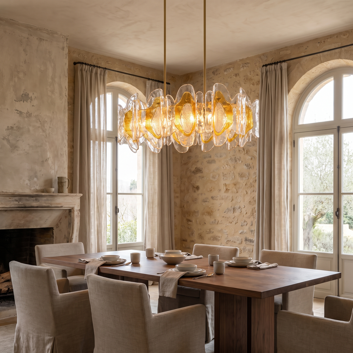 Layered Amber Glass Linear Chandelier, Gold Frame
