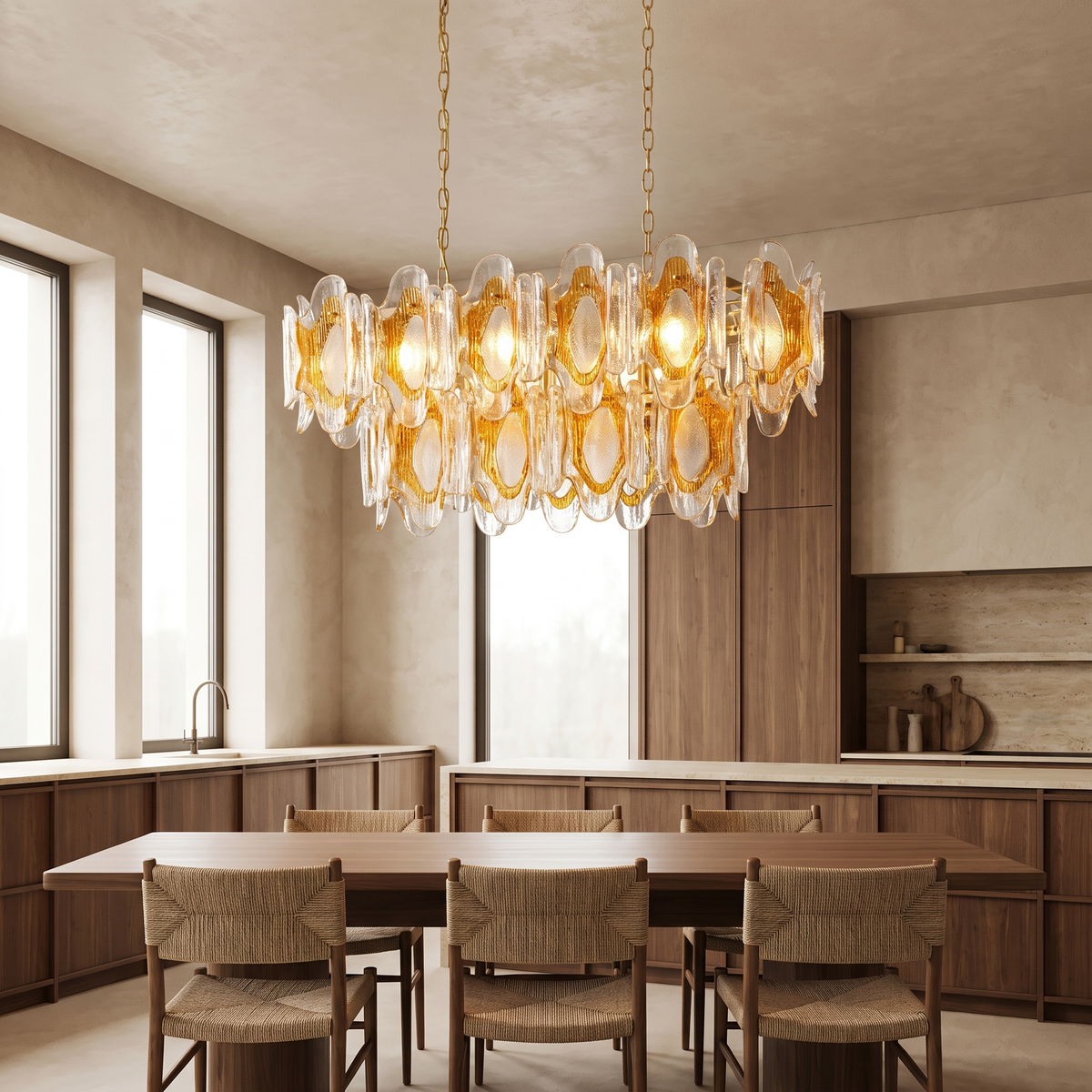 Layered Amber Glass Linear Chandelier, Gold Frame