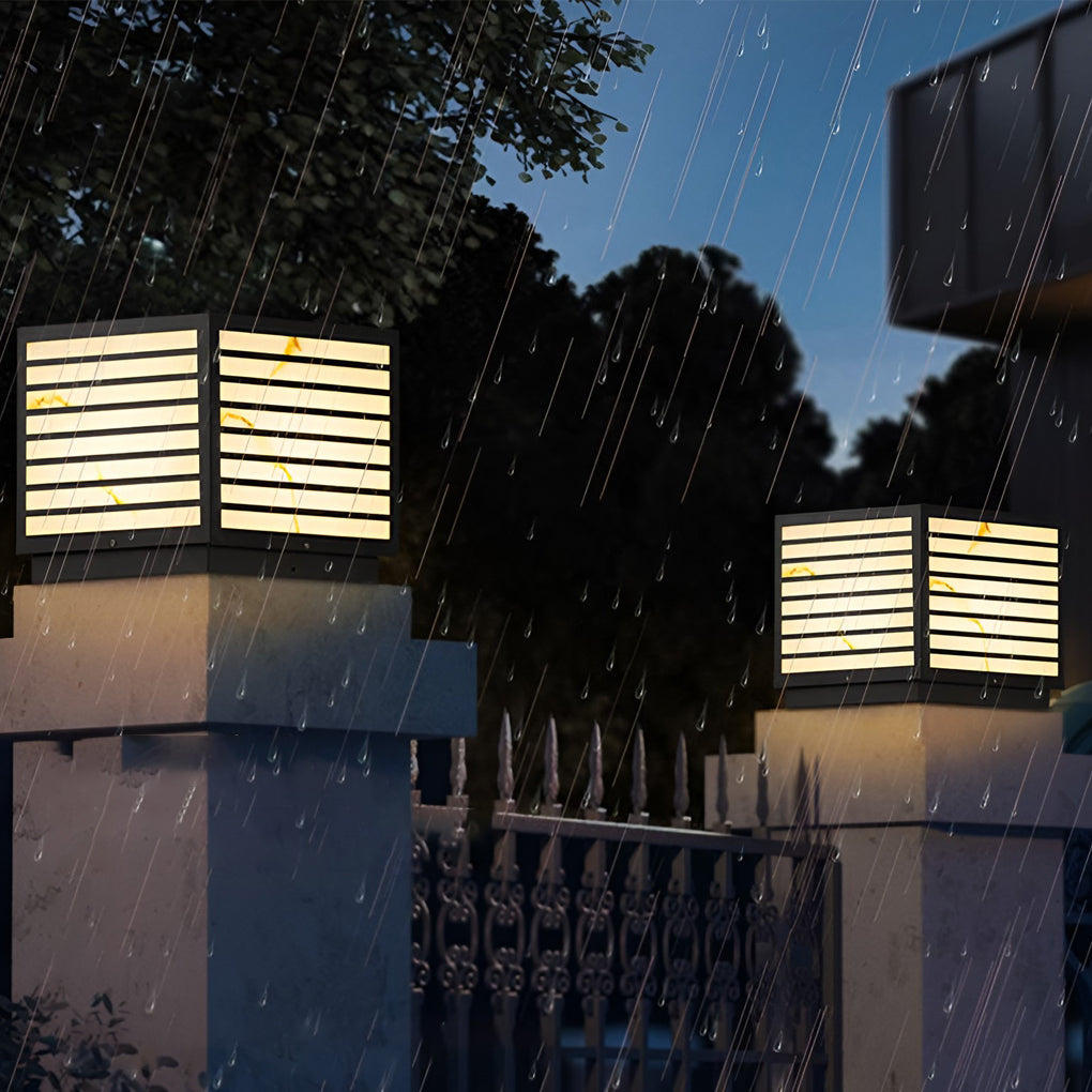 Marble Shade Pillar Light, Black Steel Outdoor Post Light