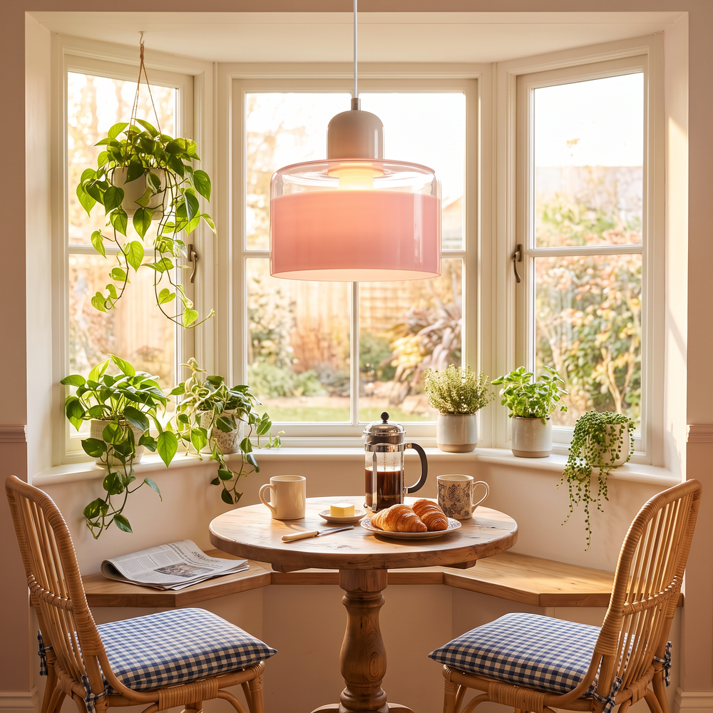 Two tone glass pendant light over a sunny breakfast nook
