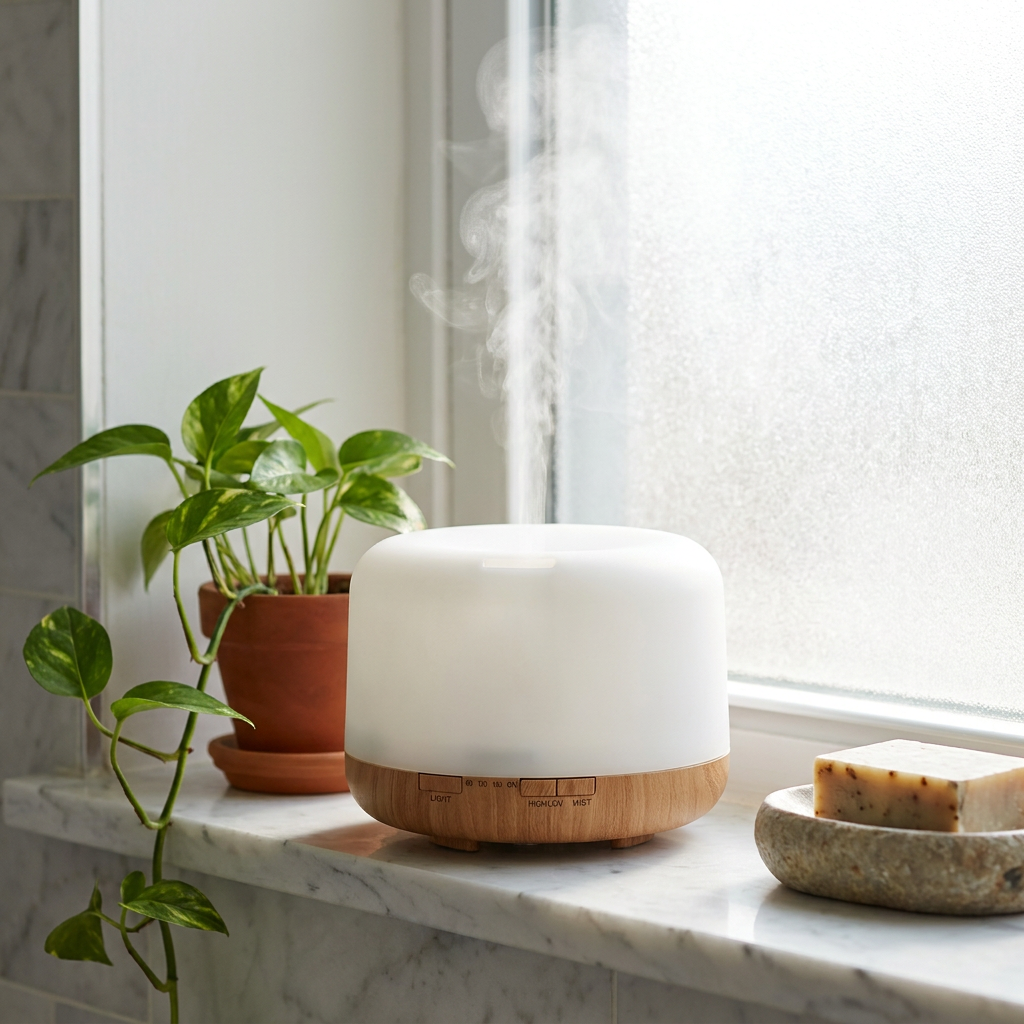 Mini Wood Grain Aroma Diffuser on a bathroom windowsill