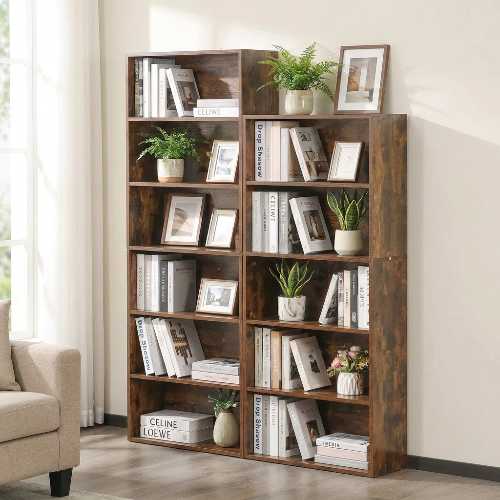 Six Tier Tall Wood Bookcase in a living room