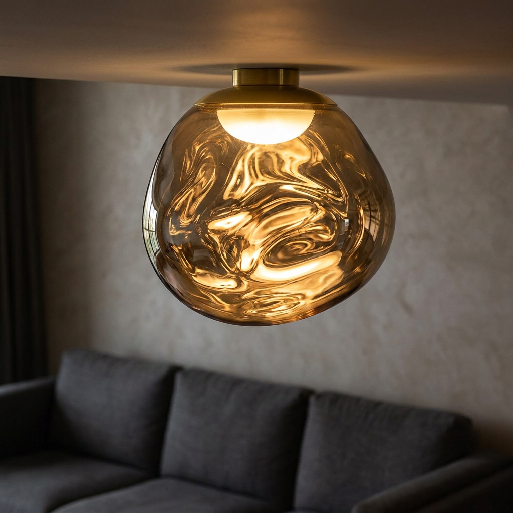 Modern Lava Ripple LED Chandelier lit in a living room