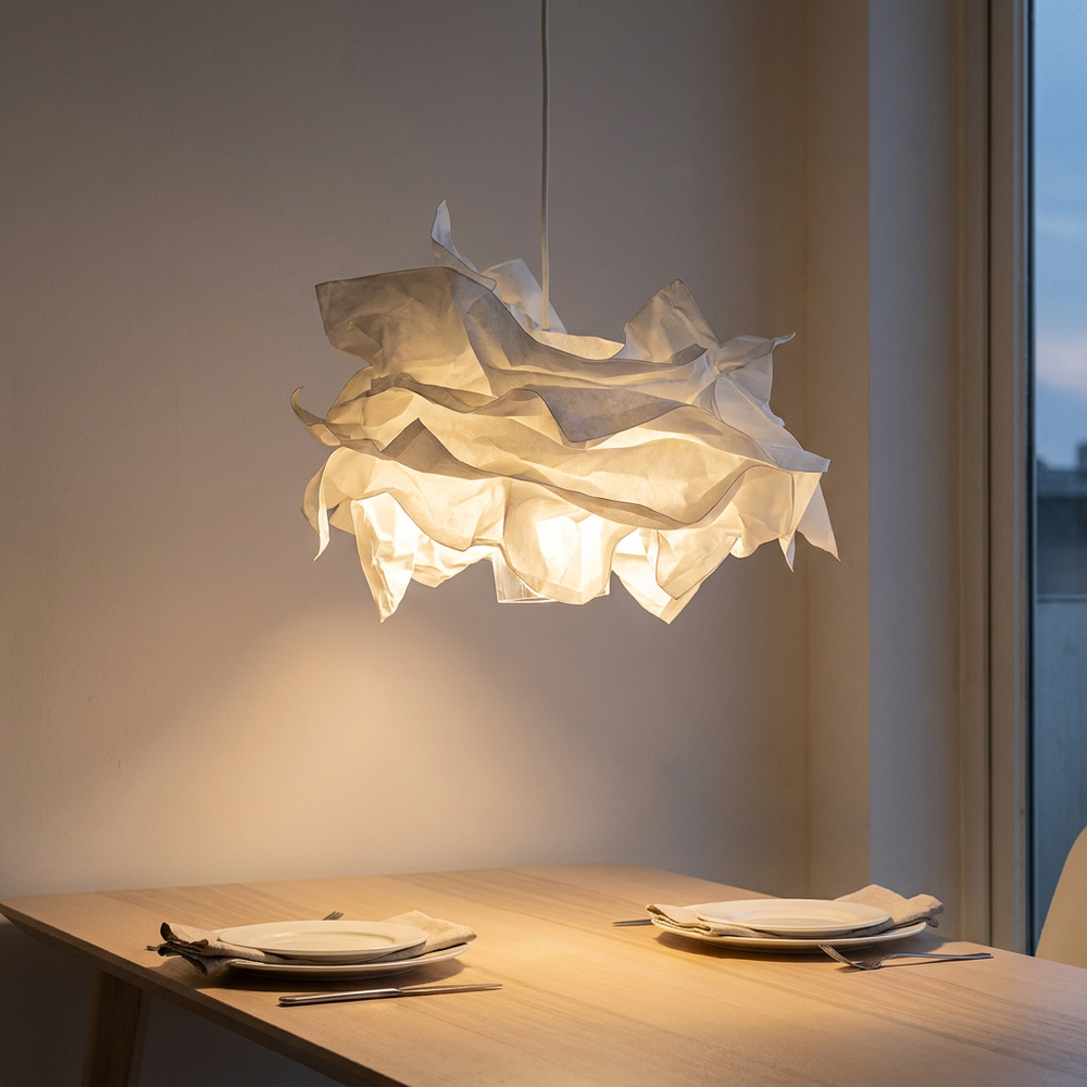 Minimalist Paper Pendant Chandelier lit over a dining table