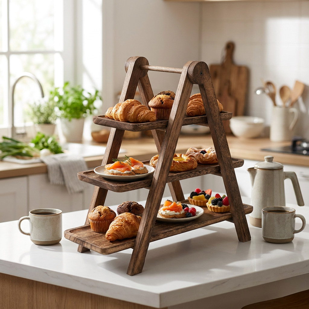 Three Tier Wooden Serving Tray Stand on a brunch table