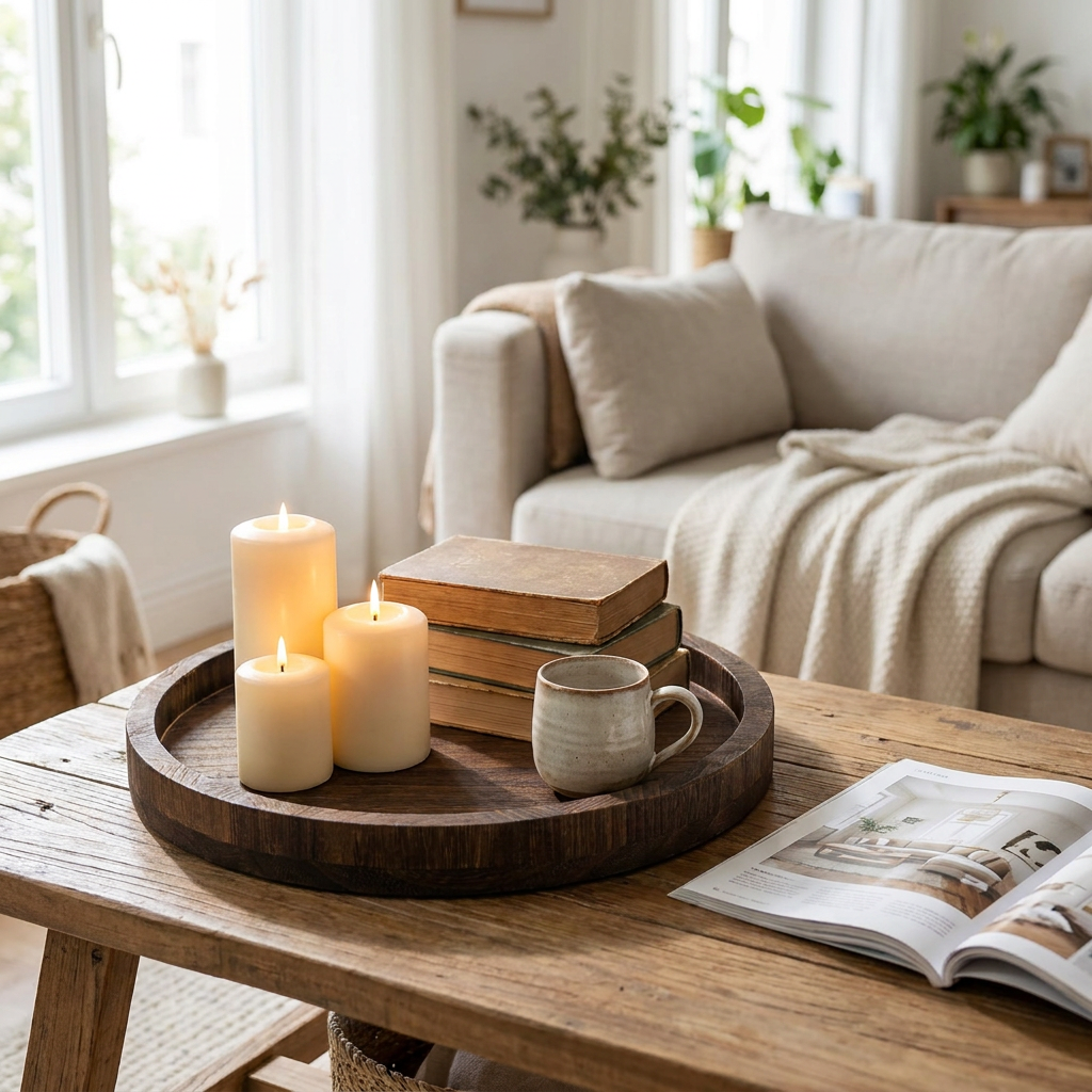 Round Wooden Candle and Coffee Tray on a coffee table