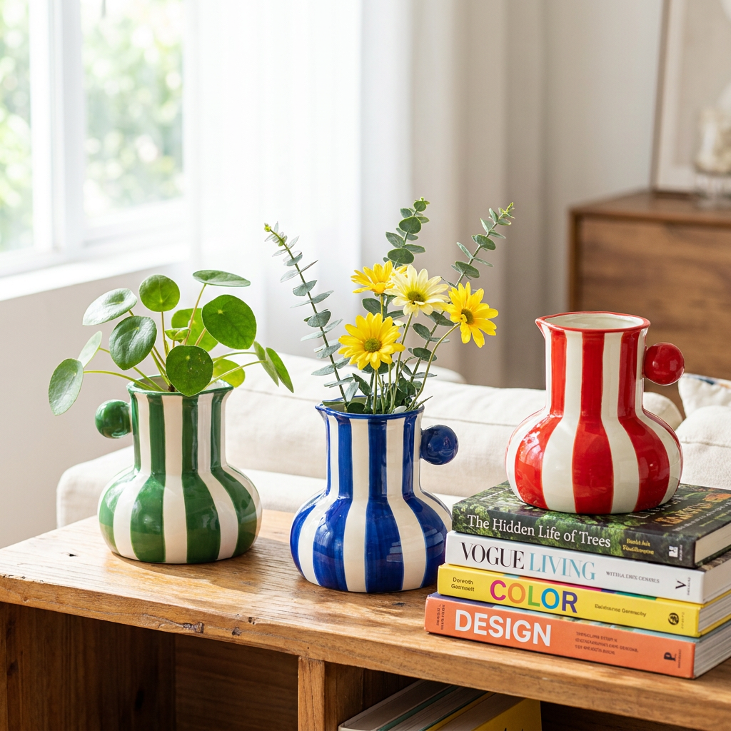 Colorful Striped Ceramic Vase and Plant Pot on a shelf