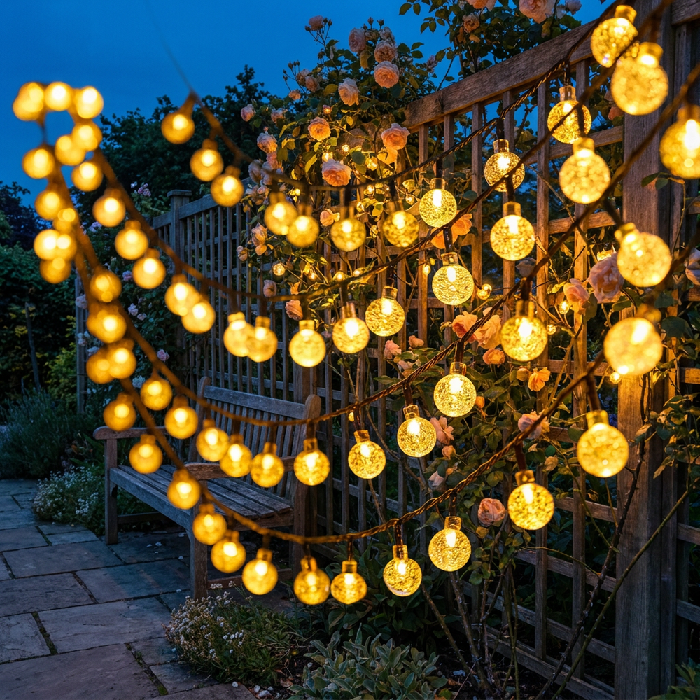 Solar Crystal Globe String Lights on a rose trellis