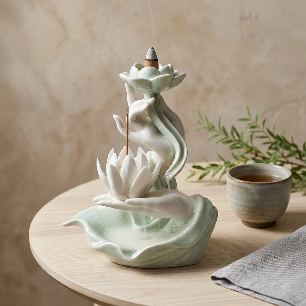 Celadon Lotus Hand Backflow Incense Burner